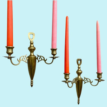 Vintage Candlestick Wall Sconces Retro 1980s Hollywood Regency + Gold + Bent Metal Frame + Set of 2 + Candle Display + Wall Decor/Decoration 