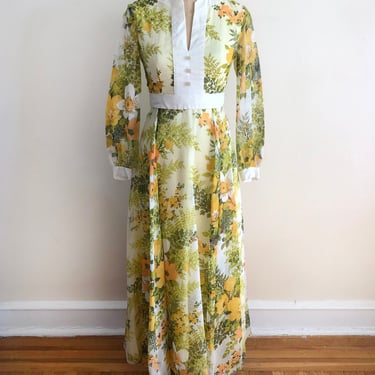 Yellow and Green Floral Print Organza Overlay Maxi Dress - 1970s 