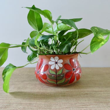 Vintage Planter - Jean-Claude de Vendegies Pottery - Mod Red and White Flowers Green Leaves - Clay Hand Painted Signed Planter - Clay Pot 