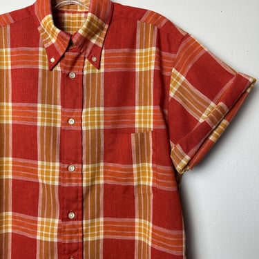 1960’s Men’s Mod shirt~ Rusty red-brown plaid short sleeve button down Stay prest shirt~ size Medium 42-44 