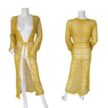 Vintage Long Yellow Crocheted Macrame Duster Coat I Sz Med 