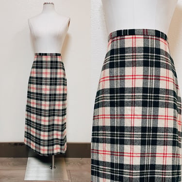 1990s Black, Tan, Red & Yellow Plaid Wool Blend Maxi Skirt by Ellen Ashley | Vintage, 1980s, Fall, Winter, Holiday, Preppy, School Girl 