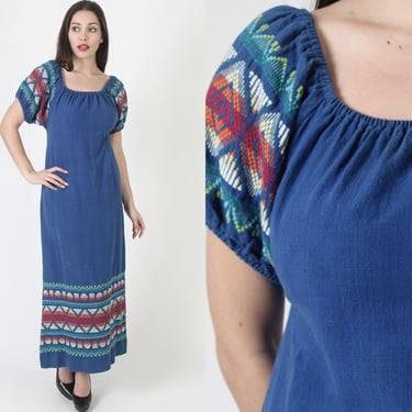 Blue Guatemalan Aztec Print Dress / Off The Shoulder Dress From Mexico / Ethnic Diamond Embroidered Mexican Woven Outfit 