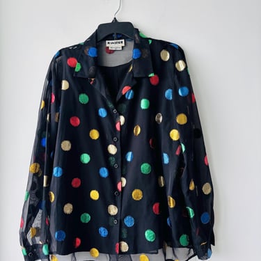 Vintage Joan Leslie Blouse Button Up Metallic Polka Dot Colorful Women 14 Artsy 