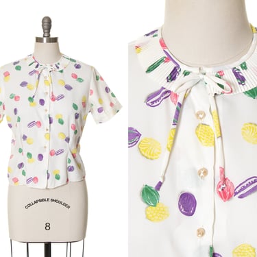 Vintage 1960s Blouse | 60s Candy Novelty Print Colorful White Short Sleeve Button Up Top (medium) 