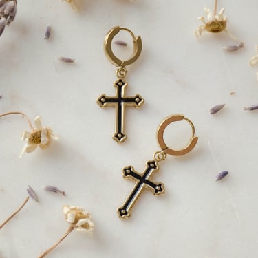gold cross earrings, 18k gold gothic witchy Halloween black cross earrings, dainty small charm earrings, huggie hoops 