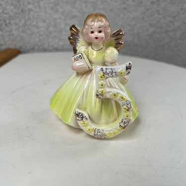 Vintage Josef Originals ceramic figurine Angel little girl Birthday 5 ABC book with green tones 