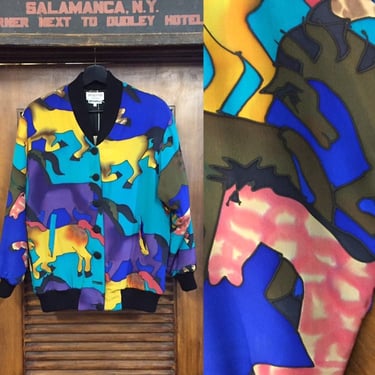 Vintage 1980’s “Silkscapes” Horse Pattern Bomber Jacket, Horse Theme, Western Wear, 80’s Era Bomber, Equestrian, Vintage Clothing 