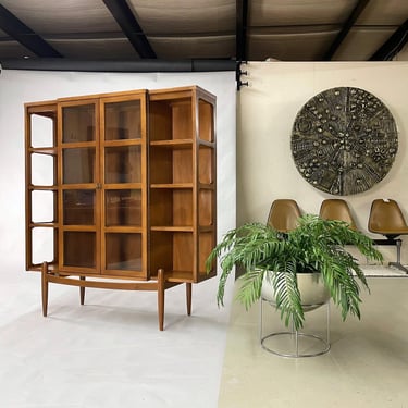 Mid-Century Modern Bookshelf China Cabinet and Floating Base 