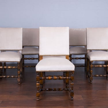 Antique French Louis XIII Style Oak Dining Chairs W/ Beige Velvet - Set of 8 