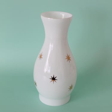 Vintage Starburst Milk Glass Hurricane Lamp Shade, Mid-Century Modern Atomic Gold Stars 