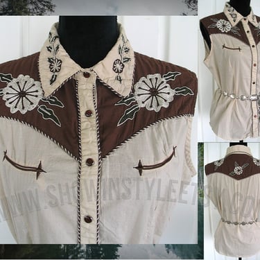 Vintage Retro Women's Cowgirl Western Shirt by Martini Ranch, Western Sleeveless Blouse, Floral Embroidery, Tag Size Large (see meas. photo) 