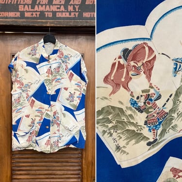 Vintage 1940’s “Kalakana” Asian Japan Crepe Samurai Teatimer Hawaiian Shirt Top, 1940’s Shirt, 1950’s Shirt 