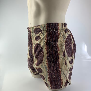 1950's Early 60'S Swim Trunks - All Cotton Printed Paisley - Double Button & Zipper Closure - Jock Lining - Coin Pocket - Men's Size Medium 