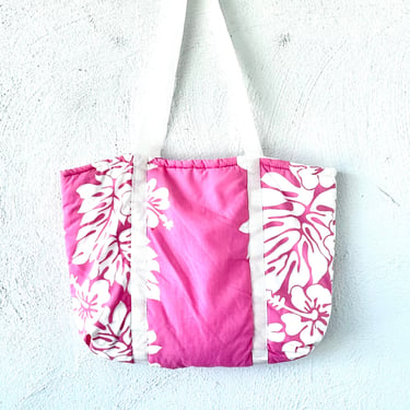 Vintage Hawaiian Floral Tote Bag // Hawaii Pink White Shoulder Purse Big Top Handle Bag 