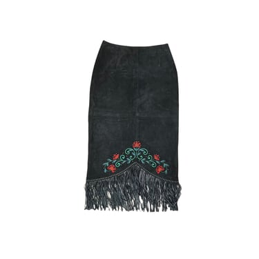 Vintage Cripple Creek Black Suede Embroidered Roses Skirt with Fringe, Size Small 