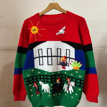 Sm Med, Vintage 1980s 3D Knit Folk Art Sweater, Animals, S1 