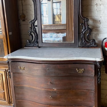 White Marble Top Dresser w Ornate Swinging Mirror