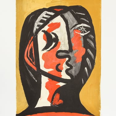 Tete de Femme en gris et Rouge sur Fond Ochre by Pablo Picasso, Marina Picasso Estate Lithograph Poster 