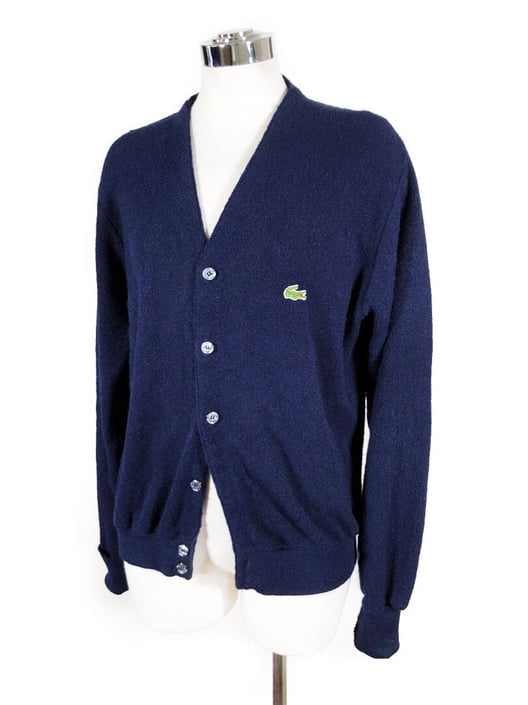 IZOD Lacoste Blue Cardigan Sweater, Medium, Dark Navy Blue, Button down front, long sleeve, 1980's, vintage, 1990's Alligator 