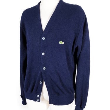 IZOD Lacoste Blue Cardigan Sweater, Medium, Dark Navy Blue, Button down front, long sleeve, 1980's, vintage, 1990's Alligator 