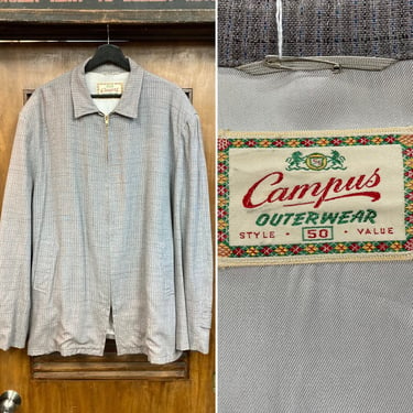 Vintage 1950’s Size XXL “Campus” Atomic Rayon 3/4 Length Rockabilly Jacket, 50’s Vintage Clothing 