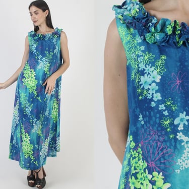 Royal Hawaiian Dress, Vintage 60s Tiki Sundress, Luau Party Caftan, Blue Green Kaftan 