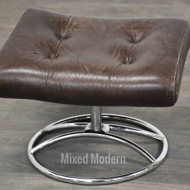 Ekornes Brown Leather and Chrome Stressless Ottoman 