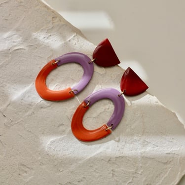 Colorful Modern Art Earrings / Abstract Clay Statement Earrings / Orange Burgundy Lavender 