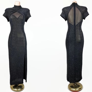 VINTAGE 80s 90s Black Stretch Peek-a-Boo Illusion Cocktail Dress by Nightway Size 8 | 1980s 1990s Cutout Illusion Party Wiggle Gown | VFG 