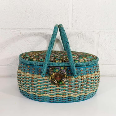 Vintage Sewing Basket Knitting Crocheting Textile Blue Floral Flower Power Carry Notions Storage Mid-Century 1970s 1960s 