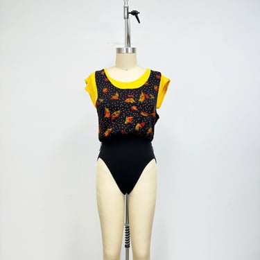 Vintage 80s Leotard | Black and Yellow One Piece  The Body Company Leotard | Size Large 