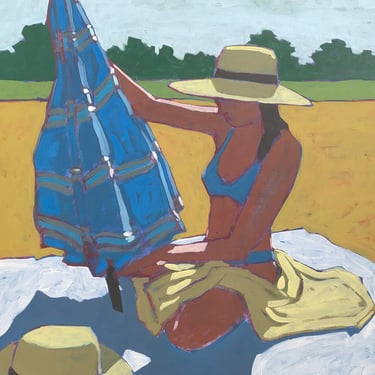Woman and Umbrella - Original Acrylic Painting on Canvas 30 x 40, hat, michael van, figurative, fine art, picnic, large, yellow, modern 