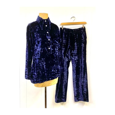 Vintage 1970s Midnight Blue Crushed Velvet Anne Klein Pants Suit, Mid-Century Formal Designer Blouse and Trousers Ensemble, Small 