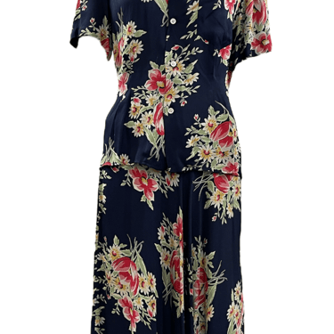 40s Blue Floral Rayon Blouse and Skirt Set