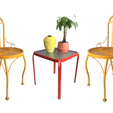Pair of Mid-Century Yellow Salterini Iron Garden Chairs | Mesh Seats | Scrolled Detailing | High Back Rest 