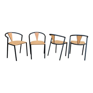 COMING SOON - 1990s Vintage Memphis Modern Soho Contract Group Postmodern Dining Chairs in Black and Orange - Set of 4