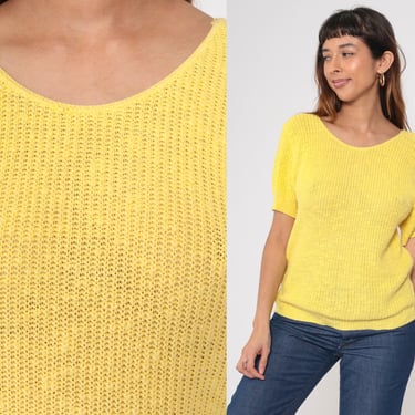 Yellow Knit Shirt 80s Short Sleeve Sweater Top Retro Ribbed Round Neck Hipster Plain Normcore Vintage 1980s Small S 