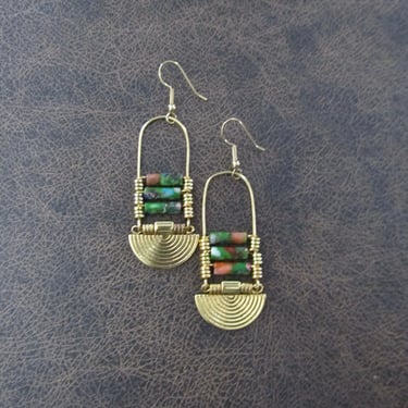 Mosaic jasper ethnic statement earrings, gold 