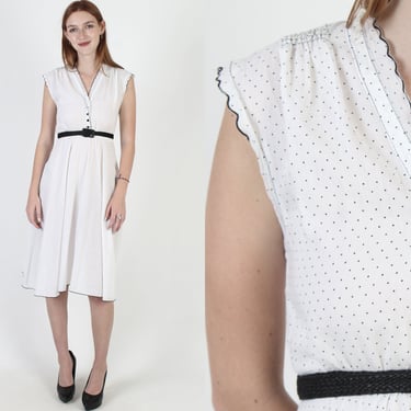 Tiny Polka Dot Dress / Thin White Dress / Embroidered Scallop Trim / Smocked Shoulders / Simple Bohemian Prairie Picnic Mini 