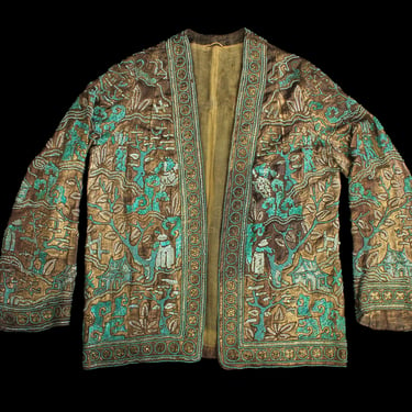 Rare 1920 Jacket / Gold Lame Chinoiserie Beaded Sequined Jacket /Figural / Houses / Trees 