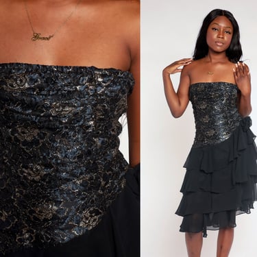 Ruffled Party Dress 80s Black Strapless Midi Dress Metallic Floral Chiffon Cocktail Asymmetrical Tiered Ruffle Glam Vintage 90s Large L 
