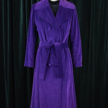 Incredible Vintage 1960s Marguerite Rubel Water Resistant Purple Velvet Double-Breasted Trench Coat with Large Covered Buttons and Belt 