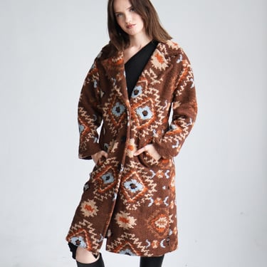 Vintage 1970s Brown Woven Wool Italian Tapestry Coat Geometric Aztec Print Wool Long Duster OSF Made in Italy Bohemian 