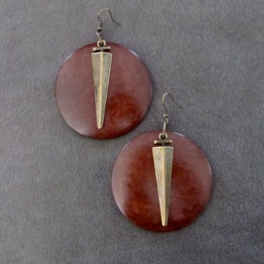 Large round wooden and bronze earrings 