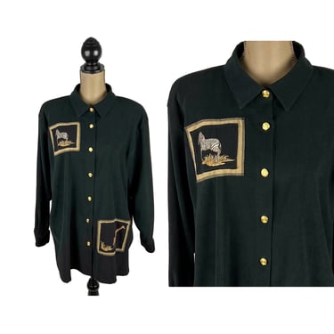 80s Plus Size Applique Blouse  2X, Long Sleeve Black Shirt, Zebra Giraffe Novelty Top, Button Down Tunic, 1980s Clothes Women Vintage TEDDI 