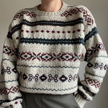 Vintage 80s LL Bean Mens Wool Chunky Knit Fisherman Geometric Sweater Sz M 