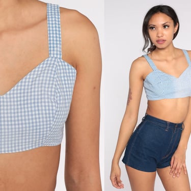 60s Crop Top Blue Gingham Tank Top Pinup Top Boho Shirt Cottagecore Checkered Vintage Cropped Button Back Sleeveless Picnic Bohemian Small 
