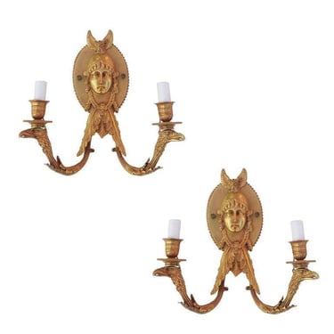 Scupltural 24-Karat Empire Style Valkyrie Wall Sconce Pair with Eagle Arms 