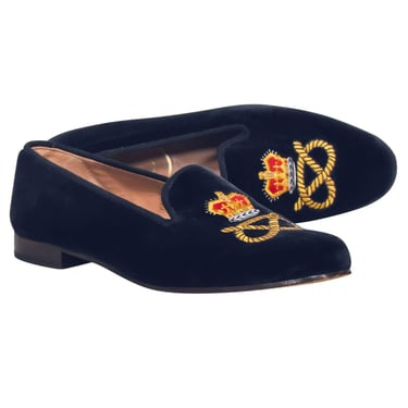 Stubbs &amp; Wootton - Navy Velvet Loafers w/ Embroidered Crown Toe Sz 11